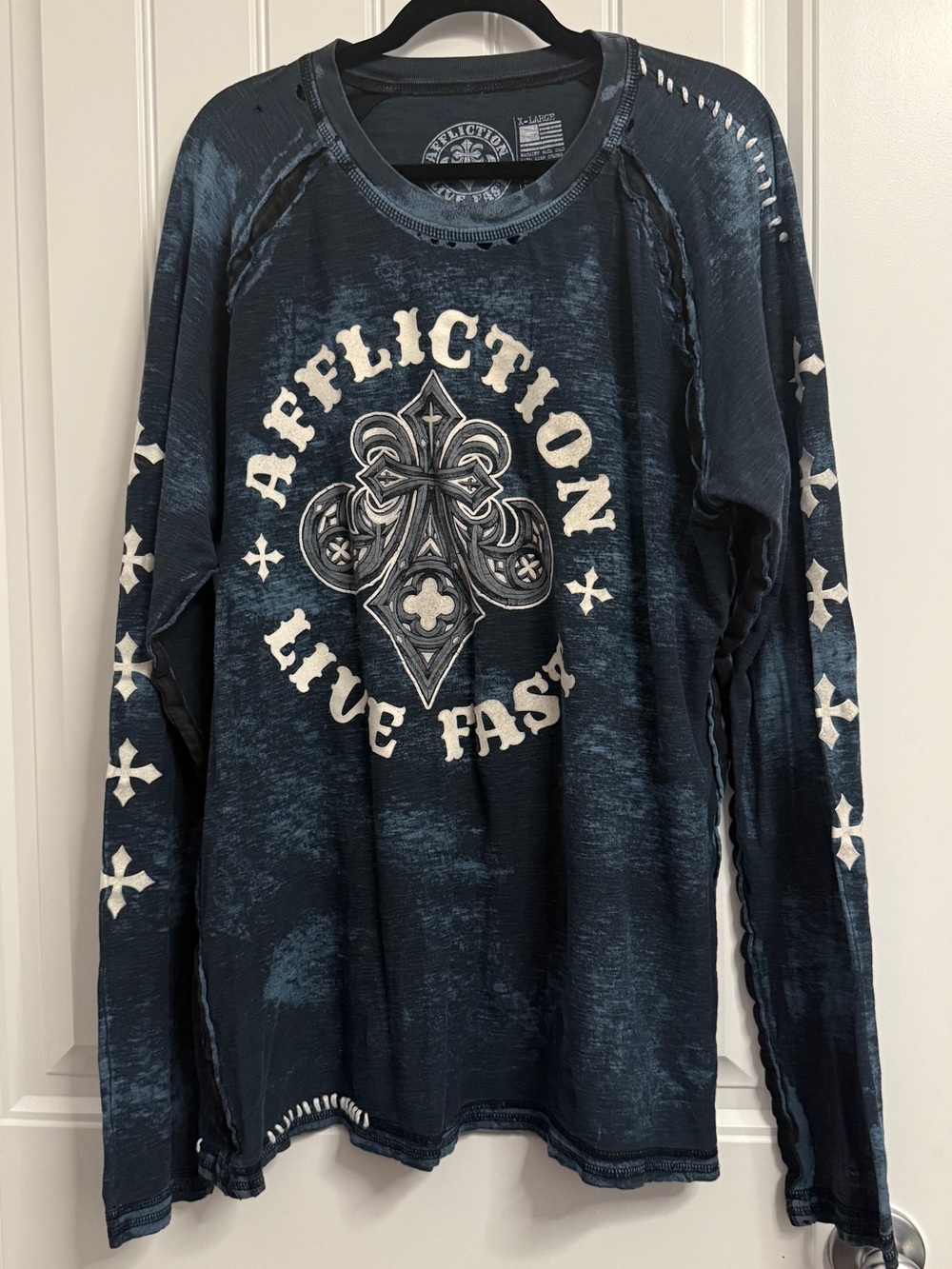 Affliction Men's Long Sleeve Graphic Tee in Navy with White Accents XL